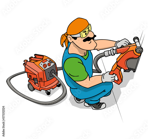 worker in overalls performs work with power tools on wall chasing