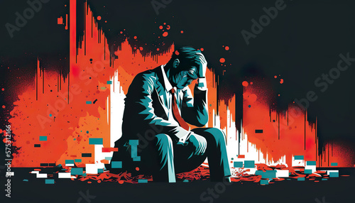Business failure and unemployment problems from the economic crisis. Businessman panics due to digital stock market and global economic inflationary recession. AI generated vector illustration. photo