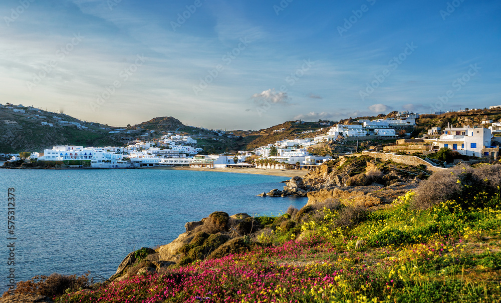 Mykonos in spring with flowers