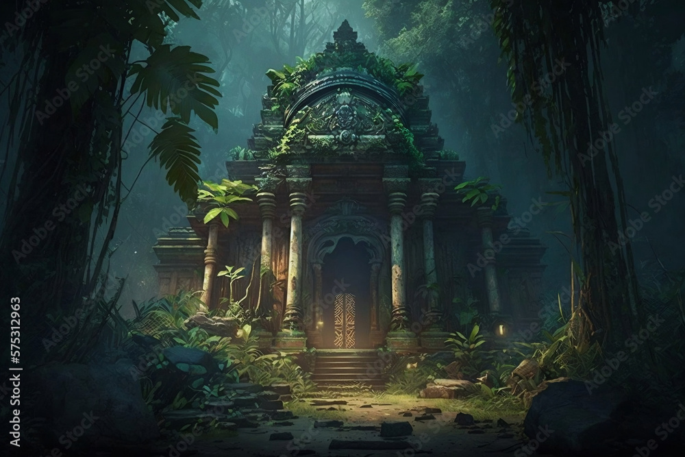 Mysterious ancient temple ruins hidden in a dark jungle, Generative Ai ...