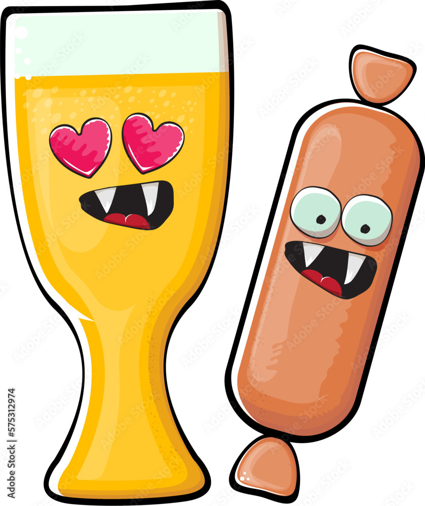 Cartoon sausage and beer characters isolated on white background. Funky meat sausage and beer glass character with eyes and mouth. Sausage and beer label and sticker Cartoon sausage and beer characters isolated on white background. Funky meat sausage and beer glass character with eyes and mouth. Sausage and beer label and sticker