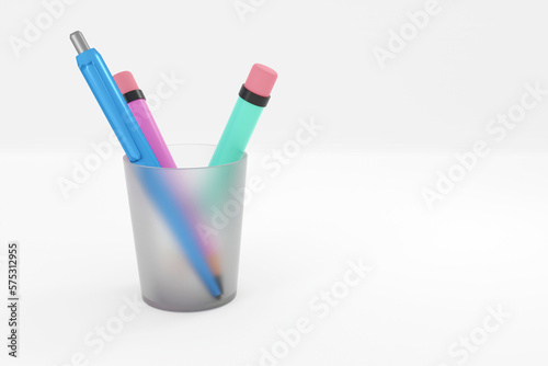 3D Illustration of Assorted School Supplies blue pencil and pen in glass
