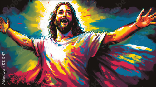 Abstract colorful portrait illustration of Jesus Christ with open arms. Corpus Christi, Easter, Religious concept. 