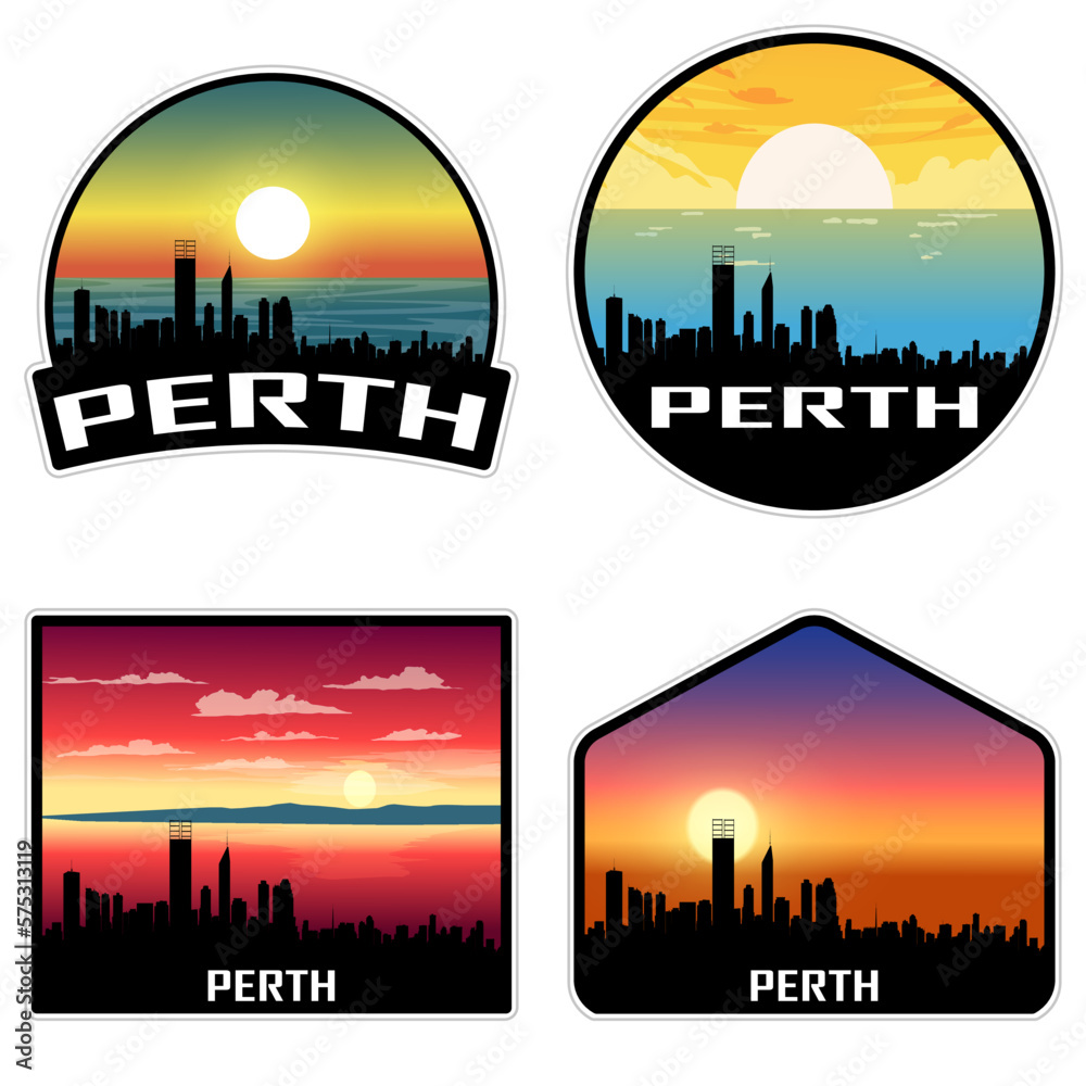 Perth Australia Skyline Silhouette Retro Vintage Sunset Perth Lover Travel Souvenir Sticker Vector Illustration SVG EPS AI