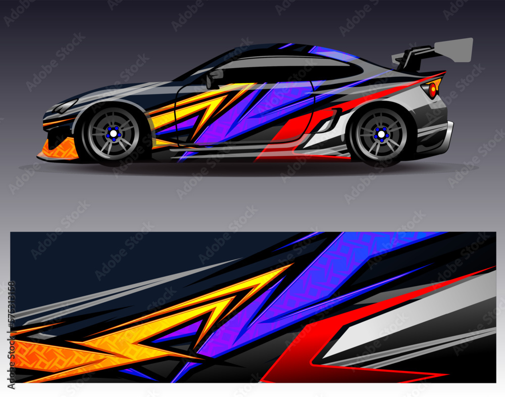 Car wrap design vector. Graphic abstract stripe racing background kit designs for wrap vehicle race car rally adventure and livery Car wrap design vector. Graphic abstract stripe racing background kit designs for wrap vehicle race car rally adventure and livery