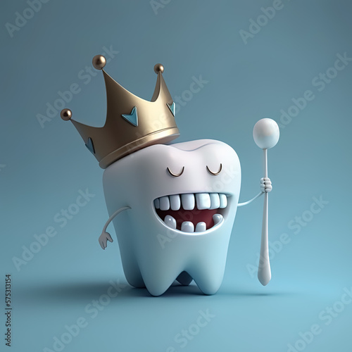 Ein Zahn mit einer goldenen Krone und einer Zahnbürste. AI, Generative, Generative AI