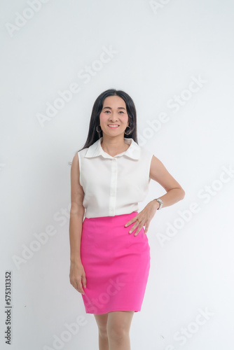 Portrait Confident Smile Business Designer Asian Woman Pink Office Suit Asian Business Girl Startup Success Leader Business Power Woman Executive Person Looking at Camera Copy Space Isolated White