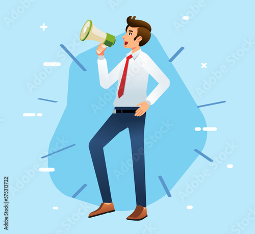 Business man shouting through loud speaker Hailer shouted with megaphone Leadership speech Flat vector illustration