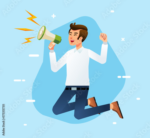 Businessman jump shouting through loud speaker energetic Hailer shouted with megaphone Leadership speech Flat vector illustration