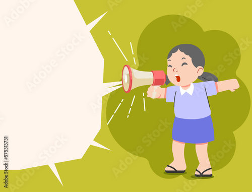 Girl holding megaphone shouting loud calls customers announcing sale Promotion advertising concept