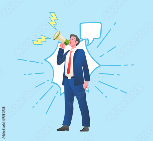 Businessman shouting through loud speaker energetic Hailer shouted with megaphone Leadership speech Flat vector illustration