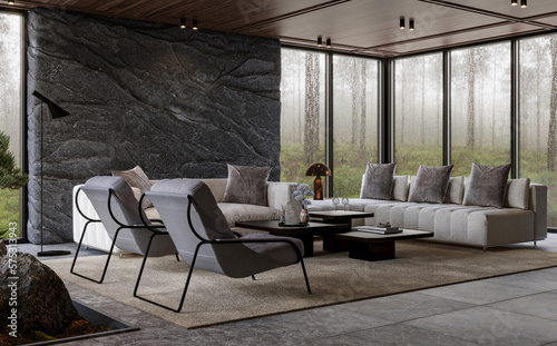 Modern living room interior with panoramic windows and natural rock wall, 3d render 