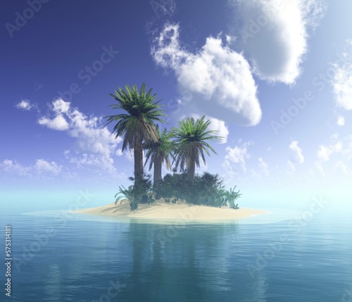 Beautiful sea landscape with an island with palm trees, a tropical island with palm trees in the middle of the ocean, 3d rendering