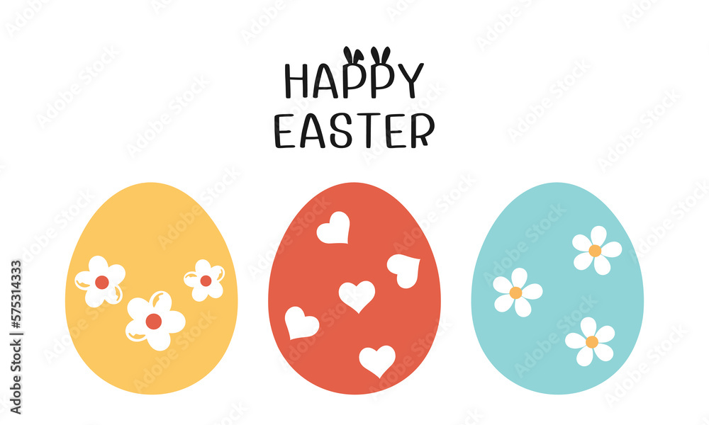 Easter eggs, flower and hand drawn fonts on white background vector illustration.