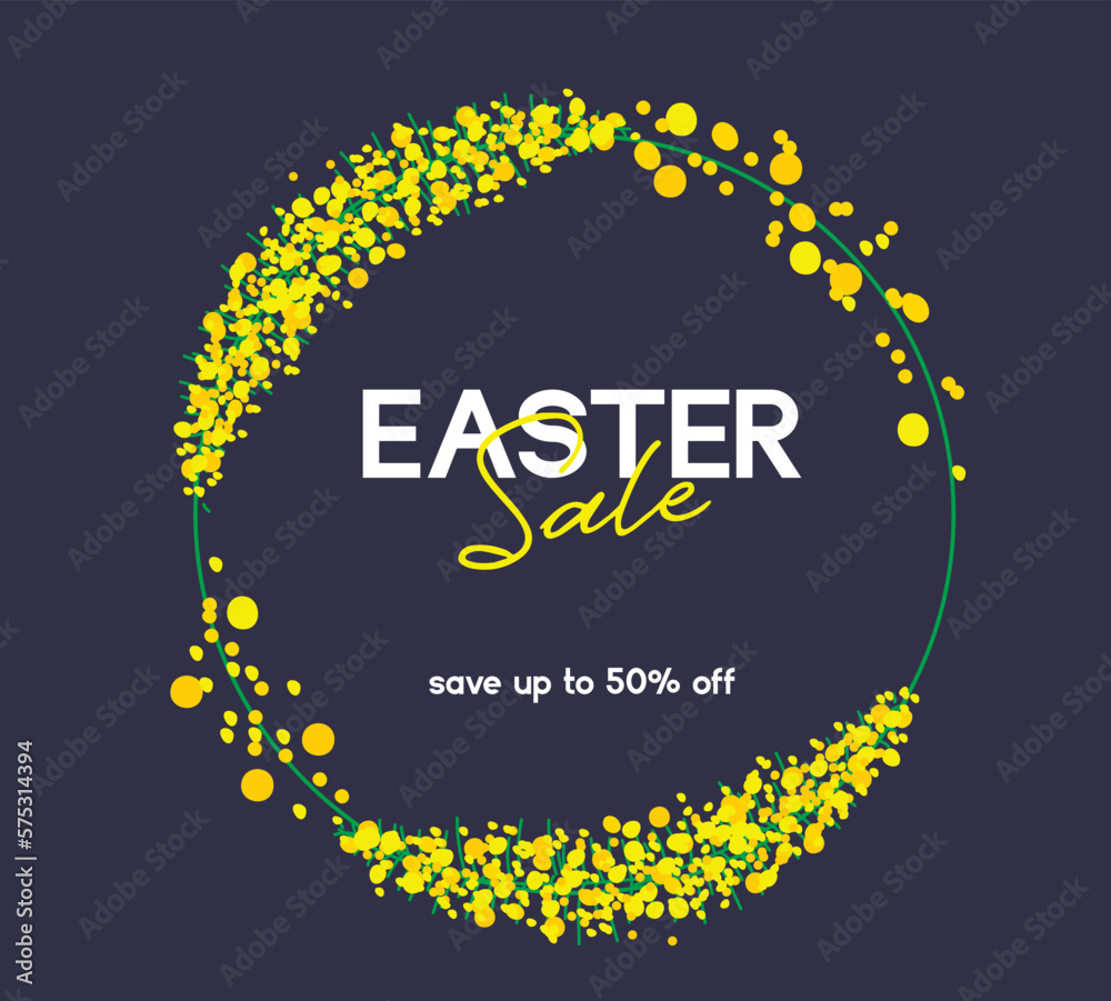 Fototapeta premium Easter Sale banner design with spring blossoms and dark blue background. Holiday Easter background with place for your text