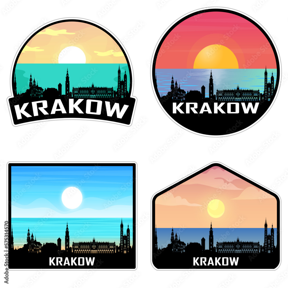 Krakow Poland Skyline Silhouette Retro Vintage Sunset Krakow Lover Travel Souvenir Sticker Vector Illustration SVG EPS AI