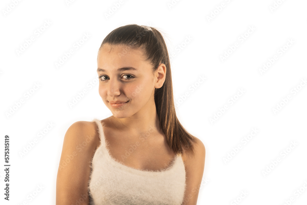 Young girl in wooly top smiling isolated on white background Young girl in wooly top smiling isolated on white background