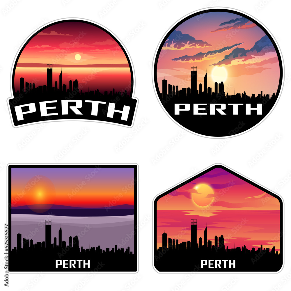 Perth Australia Skyline Silhouette Retro Vintage Sunset Perth Lover Travel Souvenir Sticker Vector Illustration SVG EPS AI