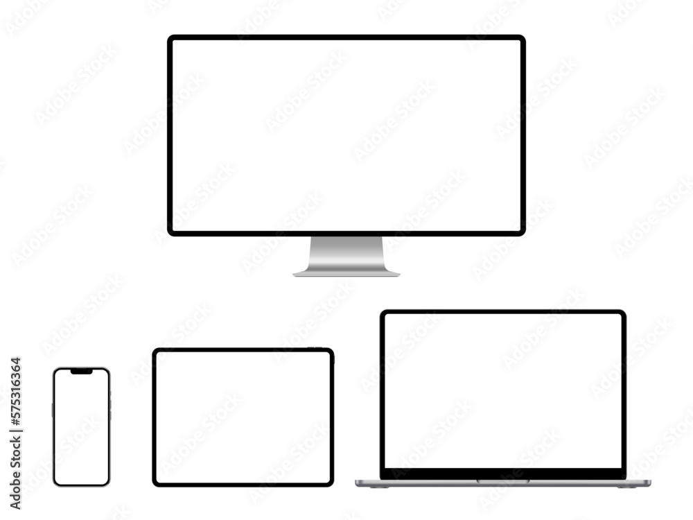 A set of isolated smart devices with blank screen: smartphone, tablet, laptop and desktop. Stock royalty free vector illustration. PNG in zip A set of isolated smart devices with blank screen: smartphone, tablet, laptop and desktop. Stock royalty free vector illustration. PNG in zip