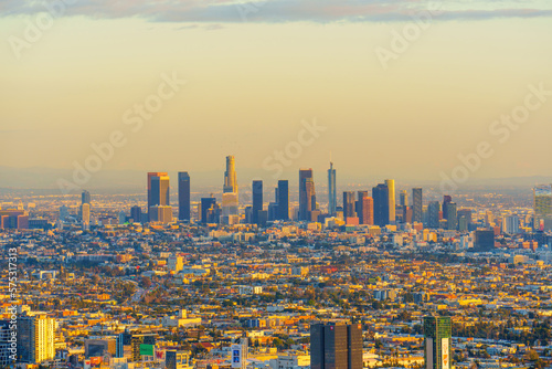 Vibrant Sunset View of Downtown Los Angeles Skyline