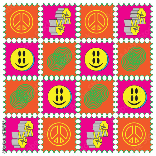 Acid lsd paper blotter mark trippy 60s style psychedelic geometry seamless pattern art.Vector crazy illustration. Smiley groovy magic mushrooms, space, techno, acid, trippy style seamless pattern