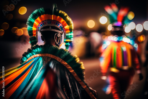 Holiday carnival with people men and women in carnival costumes lifestyle on the streets of a much city, glowing outfits, long exposure, smudgy figures, vacation travel. Generative AI