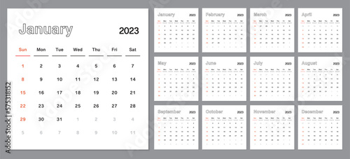 Classic monthly calendar for 2023. Calendar in the style of minimalist square shape. The week starts on Sunday.