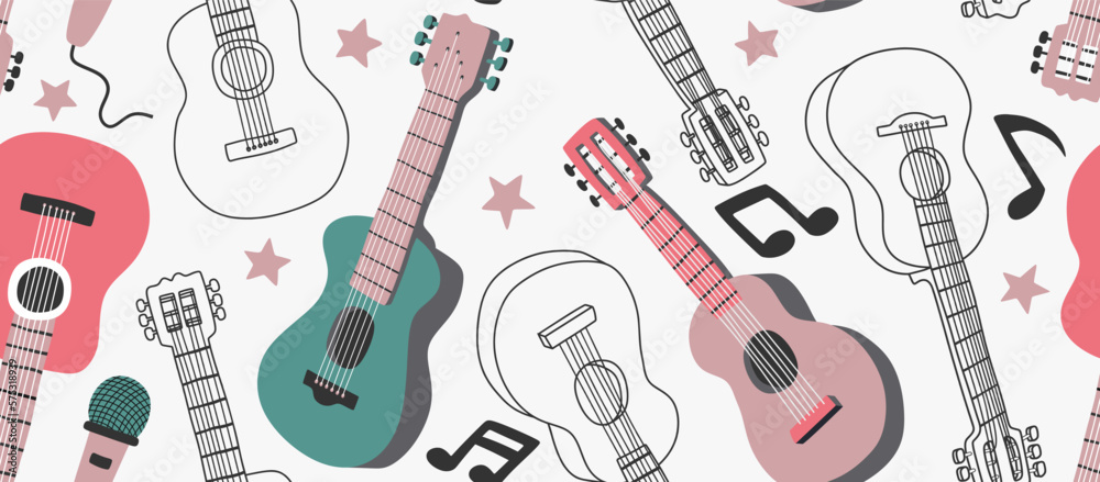 seamless pattern with cute acoustic guitars. seamless pattern with cute acoustic guitars.