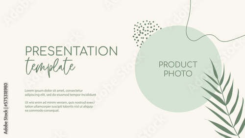 Presentation organic vector template. Natural floral green minimal background with organic shapes and palm leaf