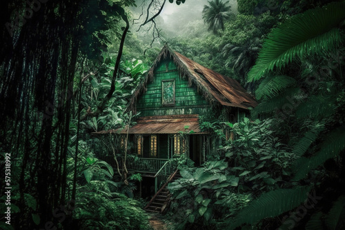 cottage hidden deep inside forest. Generative Ai © Shades3d