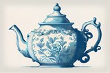Old classic teapot illustration in blue, generative AI