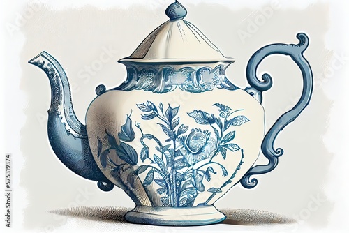 Old classic teapot illustration in blue, generative AI