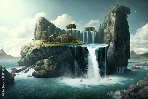 floating island in the air with waterfall. Generative Ai