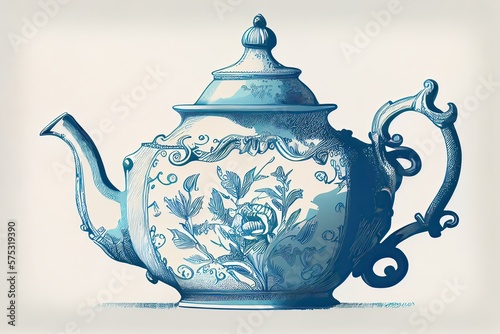 Old classic teapot illustration in blue, generative AI photo