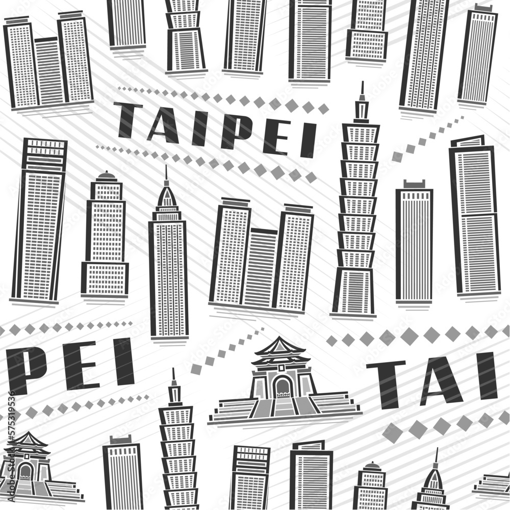 Vector Taipei Seamless Pattern, square repeat background with illustration of famous taipei city scape on white background for wrapping paper, monochrome line art urban poster with dark text taipei