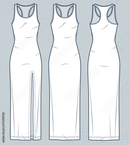 Set of maxi Dress technical fashion illustration. Jersey Tank Top Dress fashion flat technical drawing template, slim fit, front slit, front and back view, white color, women CAD mockup set.