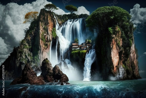 floating island in the air with waterfall. Generative Ai © Shades3d