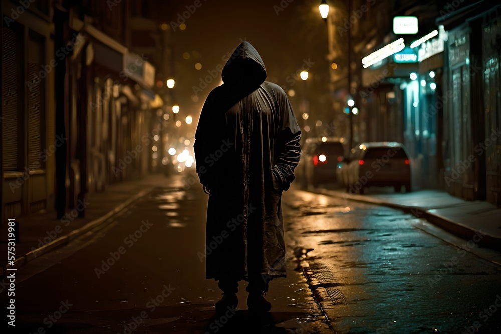 Hooded Figure Walking Down Street at Night, Generative AI
