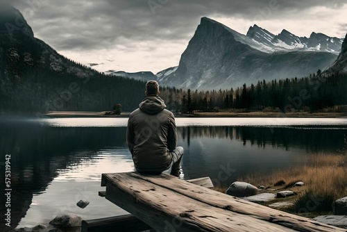 Man sitting in front of a lake  Generative AI