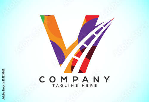 Letter V with road logo sing. Polygonal style logo for highway maintenance and construction.