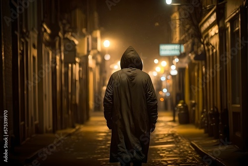 Hooded Figure Walking Down Street at Night, Generative AI