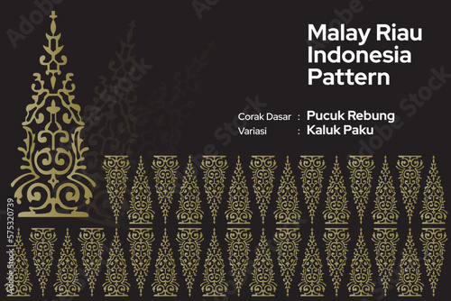 Pattern Malay Riau Batik Songket Tenun, Weaving Corak Motif Pucuk Rebung Kaluk Paku Melayu patterns prints, Traditional Classic handwoven black with gold threads vector photo