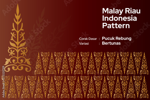 Pattern Malay Riau Batik Songket Tenun, Weaving Corak Motif Pucuk Rebung Bertunas Melayu patterns on silky red background, Traditional Classic handwoven with gold threads vector