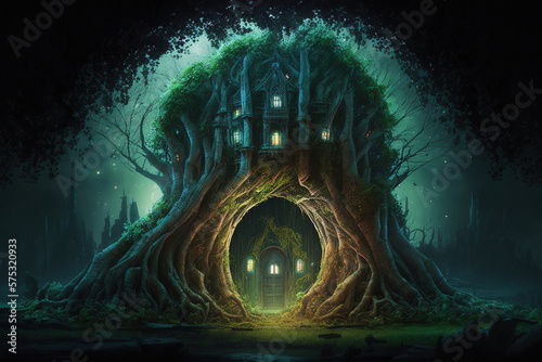 Tree house in the deep forest fantasy. Generative Ai