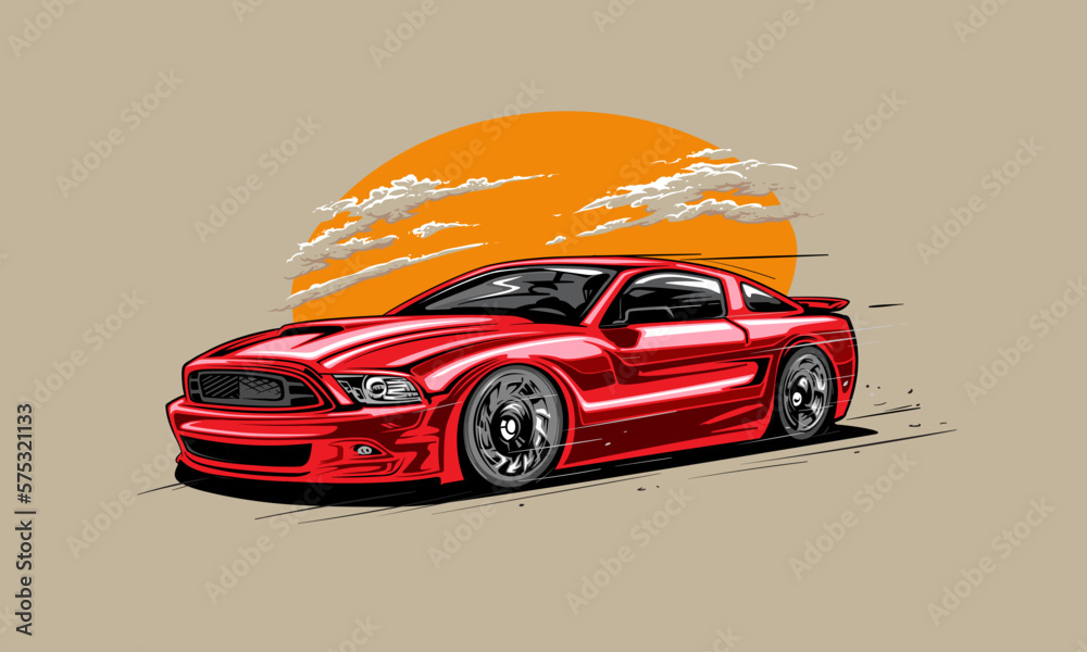 Street Racing Vector Illustration. Icon red sport car vector template illustration can use logo t shirt, apparel, sticker group community, poster, flyer banner modify auto show. - obrazy, fototapety, plakaty 