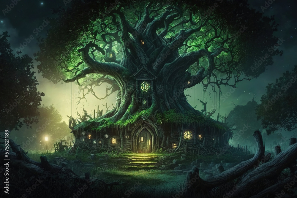 Fototapeta premium Tree house in the deep forest fantasy. Generative Ai