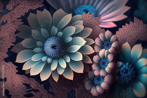Generative ai of blue and violet three-dimensional flowers.