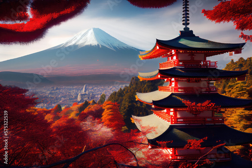 Mt. Fuji with red pagoda in autumn Japan.