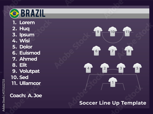 Sample soccer team line up and team formation template with first 11 players for team Brazil