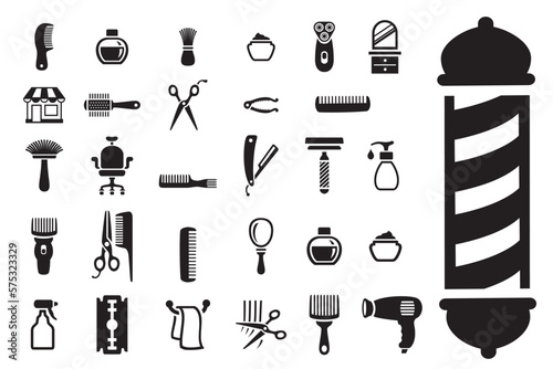 Barbershop equipment, tools, cosmetics vector icons